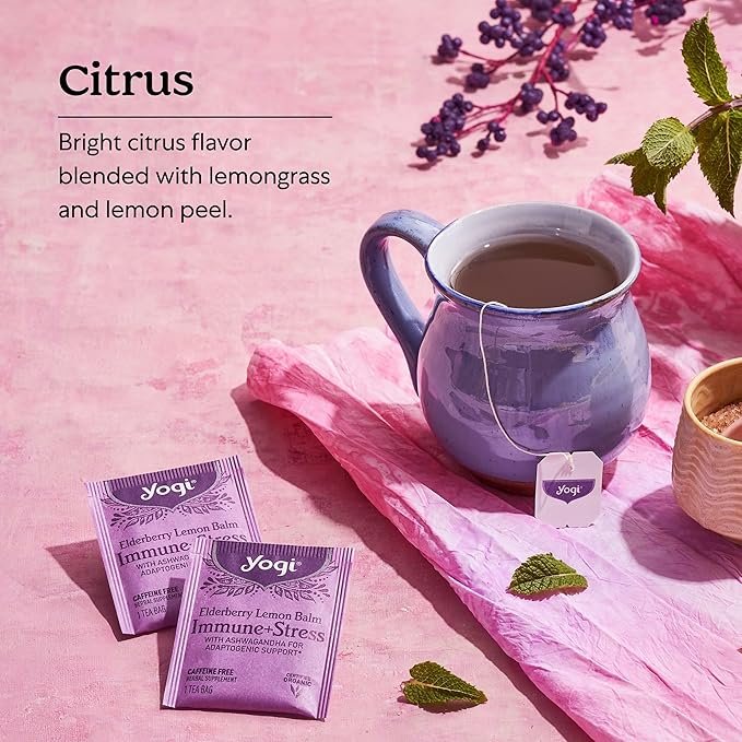 Yogi Tea Elderberry Lemon Balm Immune &amp Stress Tea - 16 Tea Bags per Pack (6 Packs) - Organic Immune Support Tea - Includes Ashwagandha Root Lemon Balm Leaf Lemongrass Licorice Root &amp More.