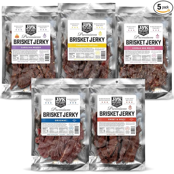 J&ampK Beef Brisket Bundle – 5 Bold Flavors Handcrafted &amp Double Tenderized 100% USDA Premium Beef Brisket 7oz Bags – Perfect for On-the-Go Snacking &amp Adventure