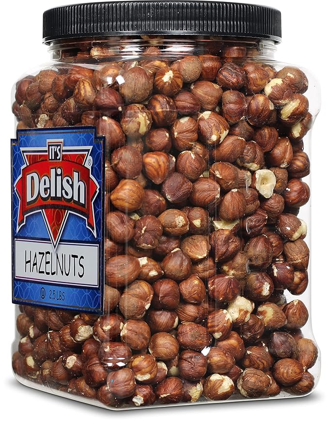 Gourmet Raw Hazelnuts Shelled by It’s Delish 2.5 lbs Reusable Jumbo Container | Unsalted Hazelnuts Filberts for Vegan Kosher and Gluten-Free Nut Snacks