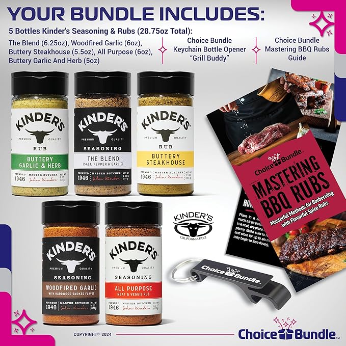 Kinders Buttery Garlic &amp Herb Woodfired Garlic The Blend Buttery Steakhouse All Purpose Seasoning &amp Rub 5 pk (28.75 oz) + BBQ Masters &amp Opener (7 Items)!