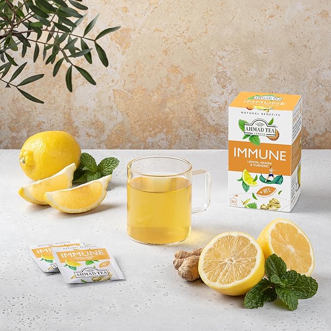 Ahmad Tea Herbal Tea Lemon Ginger Turmeric &amp Vitamin C 'Immune' Natural Benefits Teabags 20 ct (Pack of 6) - Decaffeinated &amp Sugar-Free
