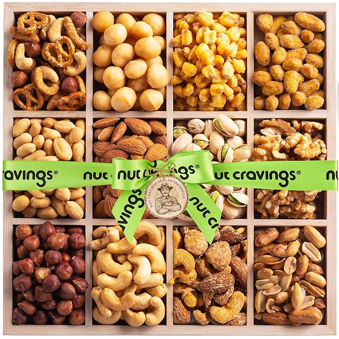 NUT CRAVINGS - Easter Mixed Nuts Gift Basket in Reusable Wooden Tray + Green Ribbon (12 Assortments) Ramadan Gifts Treats for Adults Healthy Snack Care Package Kosher