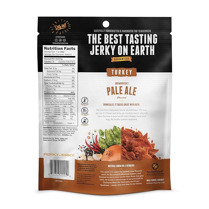 Perky Jerky Brewmaster's Pale Ale Turkey Jerky 2.2oz (Pack of 12) - Low Sodium - 10g Protein per Serving - Low Fat - 100% U.S. Sourced - Tender Texture