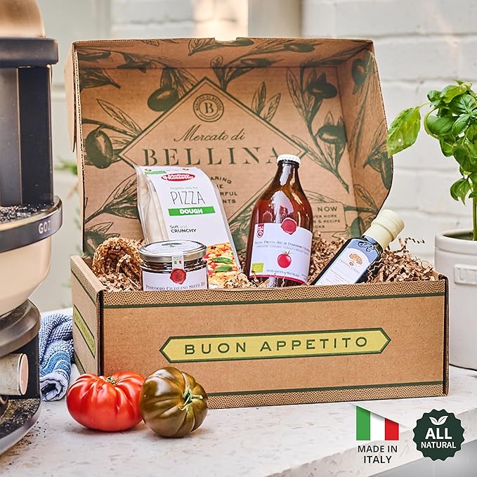 Mercato di Bellina Organic Pizza Kit Gift Basket - Authentic Homemade Pizza Making Kit for Home Chefs Italian Gift Basket Includes Organic Crust Mix Sauce Garlic EVOO &amp Sun-Dried Tomatoes