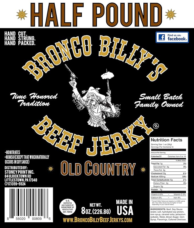 Bronco Billy's Beef Jerky Hickory Smoked Old Country Half Pound Resealable Bag