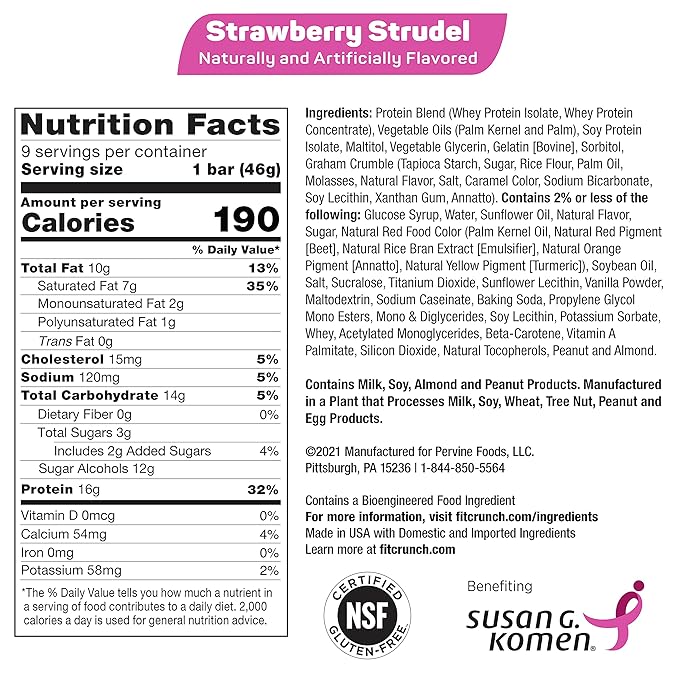 FITCRUNCH Snack Size Protein Bars 6-Layer Baked Bar 3g of Sugar Gluten Free &amp Soft Cake Core (9 Bars Strawberry Strudel)