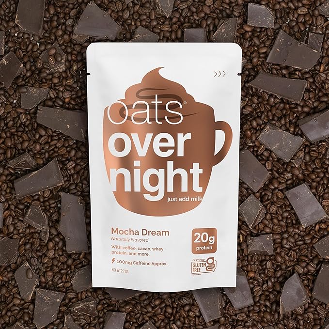 Oats Overnight - Mocha Dream - 20g Protein High Fiber Breakfast Shake 100mg Caffeine - Gluten Free Non GMO Oatmeal (2.7 oz per meal) (24 Pack)