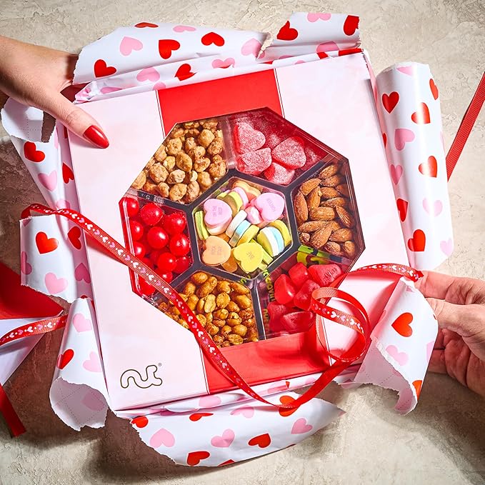 NUT CRAVINGS - Easter Mixed Nuts &amp Heart Candy Gift Basket in Red Gold Box (7 Assortments 1 LB) Ramadan Gifts Saint Patrick's Treats for Adults Food Arrangement Healthy Snack Care Package Kos