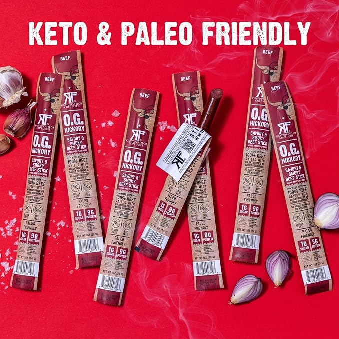 Righteous Felon Meat Sticks | 100% Grass Fed Beef | 9g Protein per Stick | Keto Gluten-Free Low Sugar High Protein Snack Sticks | Individually Wrapped | OG Hickory Beef Sticks 10 Count