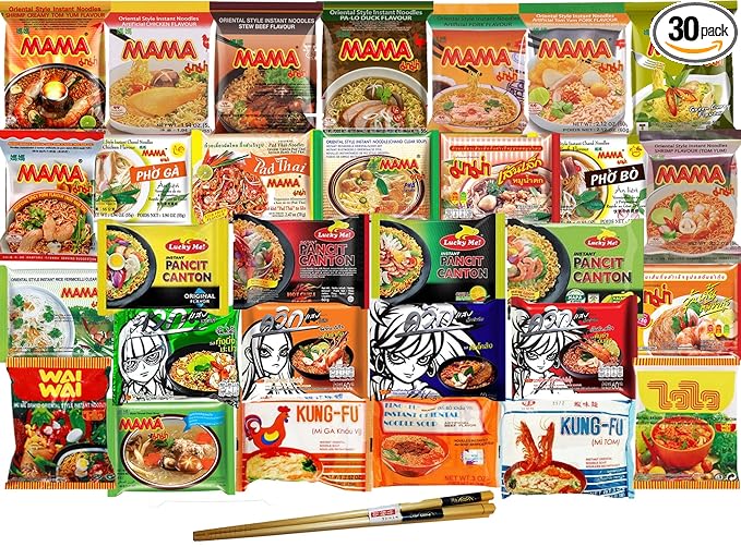 Ramen Noodles Bulk Mystery Box Variety Pack of 30 with 5 or more Flavors and Premium Reusable Chopsticks