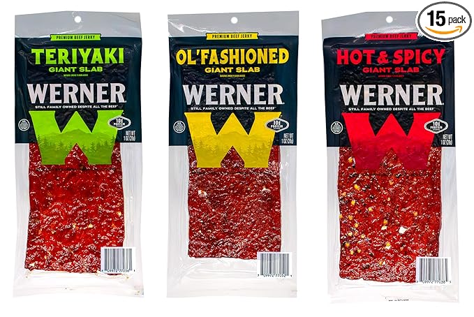 Werner Beef Jerky Slab Variety Pack of 15 – Teriyaki Sea Salt and Pepper &amp Hot and Spicy Jerky Slabs (5 of each) 1 Ounce Individually Wrapped Meat Snacks