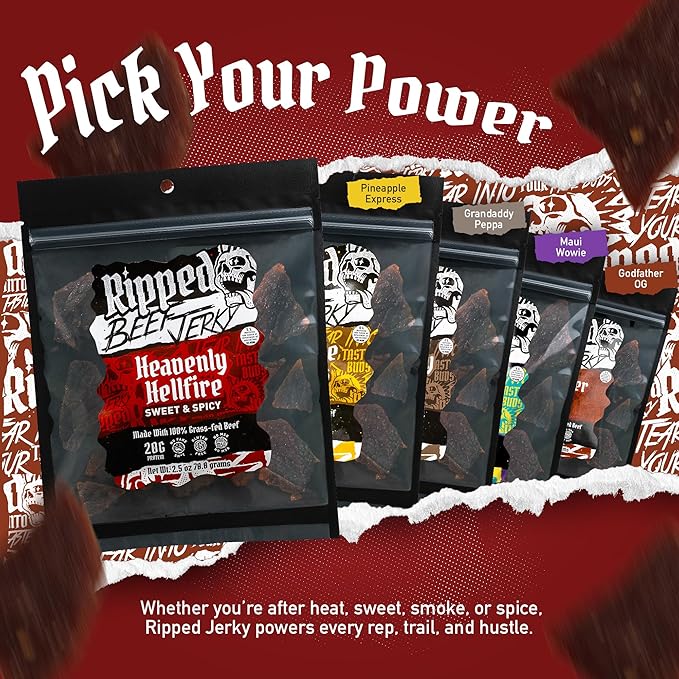 Ripped Beef Jerky - 100% Grass Fed Beef 20g Protein Real Ingredients Gluten Free No MSG Made in USA (Pack of 3 Sweet &amp Spicy)