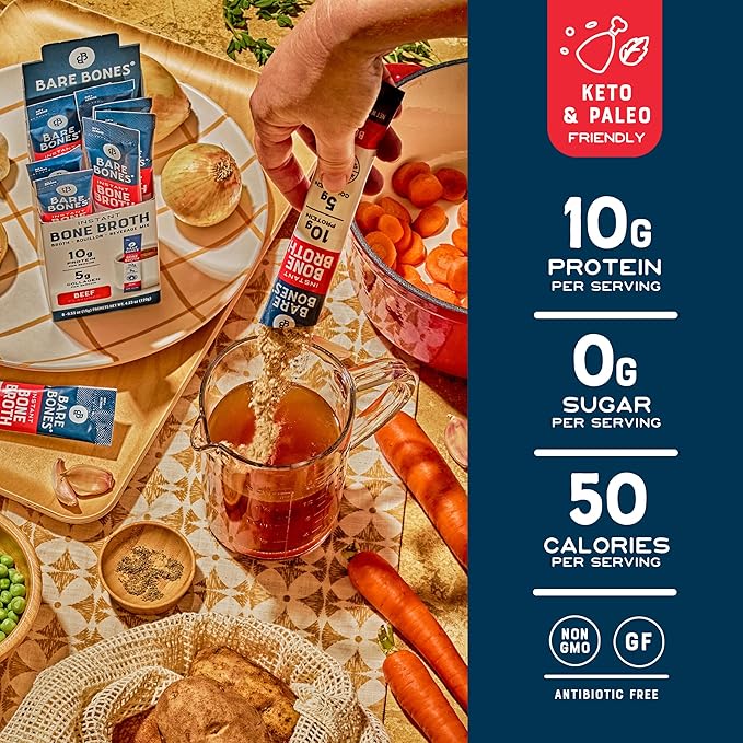 Bare Bones Beef Bone Broth Instant Powdered Mix Packets | 5g Collagen | 10g Protein | Keto &amp Paleo Friendly | No Artificial Flavors | Rich Savory on-the-go 16 Pack