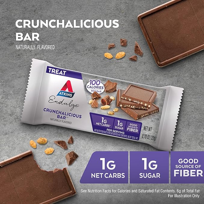 Atkins Endulge Crunchalicious Bar 1g Net Carbs 1g Sugar Good Source of Fiber 5 Count (Pack of 8)