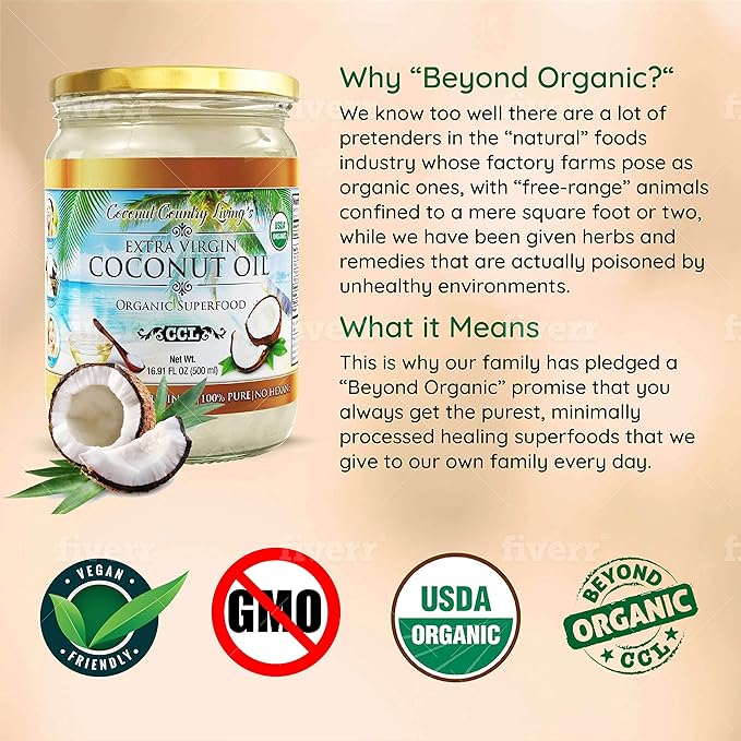 Coconut Country Living's Extra Virgin Coconut Oil in Glass Jar- Cold Pressed Unrefined organic Superfood for Hair Skin Beauty Cooking - Keto &amp Paleo Diet Friendly - 33.81 oz