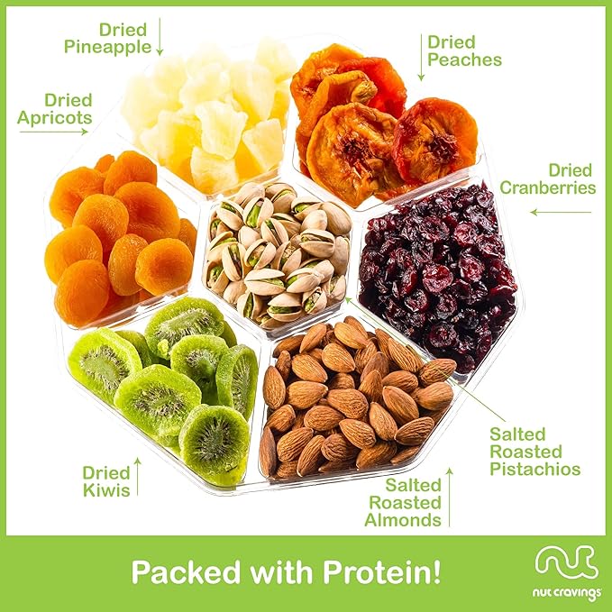 NUT CRAVINGS - Dried Fruit &amp Mixed Nuts Gift Basket + Green Ribbon (7 Assortments 2 LB) Ramadan Gifts Food Arrangement Healthy Snack Care Package