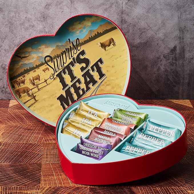 Man Crates Gift for Men – Meat Heart with 14 Beef &amp Pork Sticks – Heart-Shaped Meat Snack Box for Him Boyfriend Husband