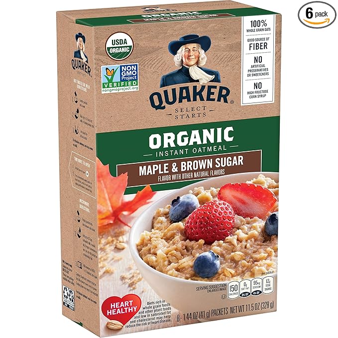 Quaker Instant Organic Oatmeal Maple &amp Brown Sugar Breakfast Cereal 8 Packets Per Box (Pack of 6 Boxes)