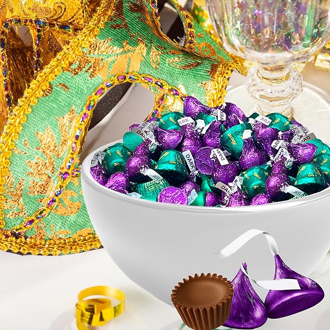 Mardi Gras Chocolate Candy Mix 2 Lbs Bulk Chocolate Assortment Green And Purple Individually Wrapped Kisses Peanut Butter Cups and More for Parties Parades King Cake Mardi Gras Celebration Part