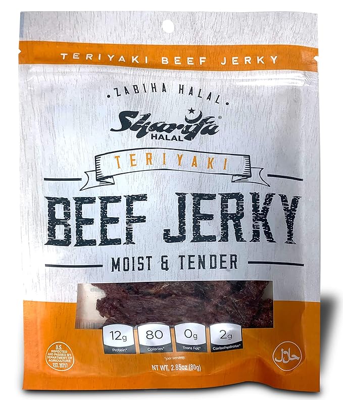 Sharifa Halal Beef Jerky Teriyaki (5 Pack) Each Bag 2.85 oz – Great Everyday Halal Jerky Beef Meat Snack 100 % Real Zabiha Halal Beef 12g of Protein 80 Calories 0g Trans Fat &amp 2g of Carbohy