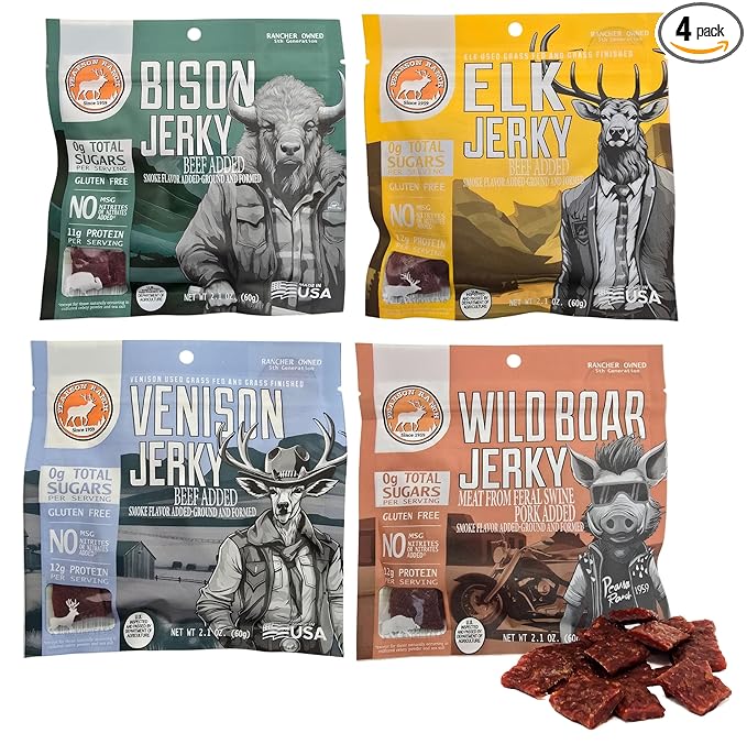 Pearson Ranch Wild Grass Fed Game Variety Pack of 4-2.1oz Bags - Venison Elk Buffalo &amp Wild Boar - Gluten-Free MSG-Free Paleo and Keto Friendly