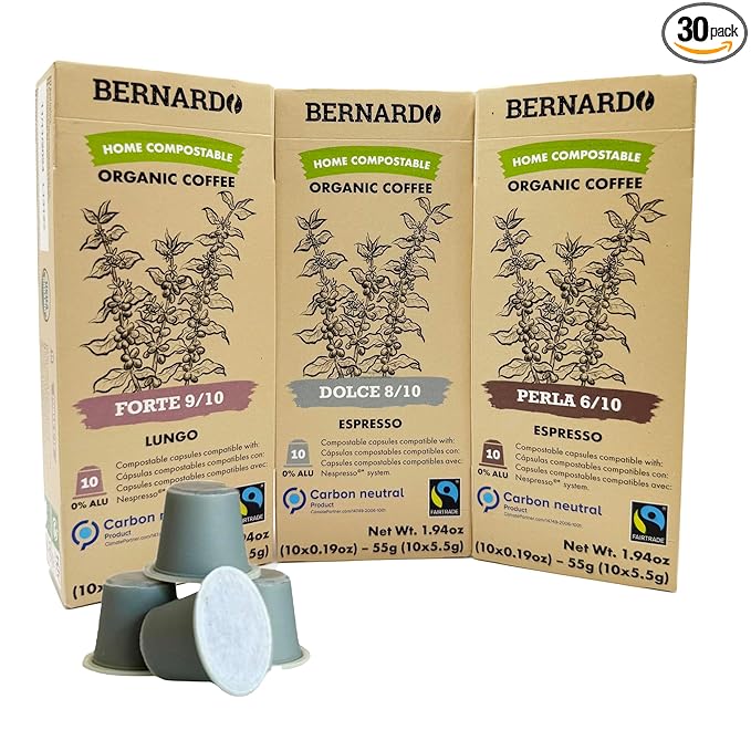 Bernardo Variety: Dolce Perla Forte USDA Organic Espresso Capsules Compatible with Nespresso Original Line Biodegradable and Home Compostable Pods. (3 Pack 30 Capsules)