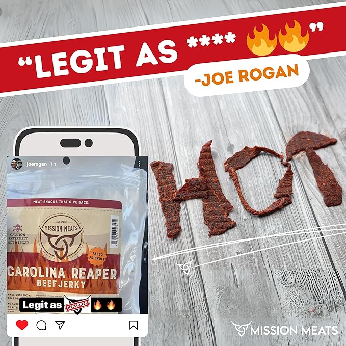 Mission Meats Carolina Reaper Jerky from 100% Grass Fed &amp Pasture Raised Beef Caution: Extremely Spicy Small Batch Hand Crafted Gluten Free 2oz (Pack of 3)