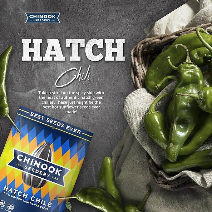 Chinook Seedery Sunflower Seeds to Eat — Jumbo Flavored Roasted Low Sodium Snacks — Keto Friendly Gluten-Free Non-GMO — Hatch Green Chile Flavor 4 oz (12-Pack)