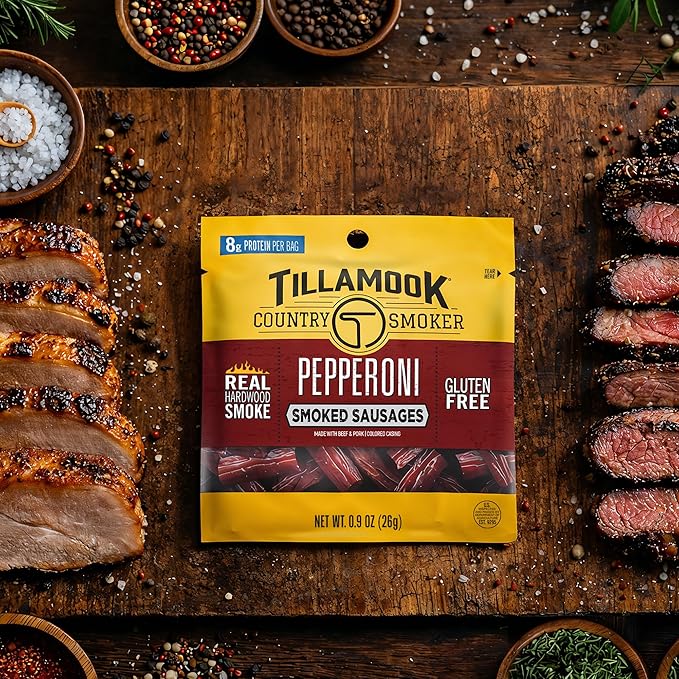 Tillamook Country Smoker Pepperoni Smoked Sausages 0.9 oz 24 Count Made with Beef &amp Pork Real Hardwood Smoked Protein-Packed Satisfying Taste On-the-Go Snacking