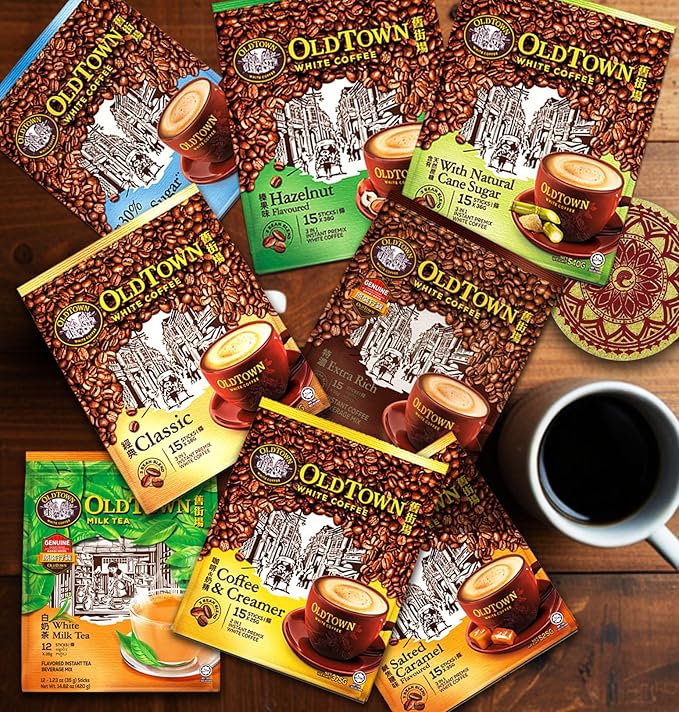 5-Pack OLDTOWN White Coffee 3 in 1 Asian Instant Coffee Package with a Cork Coaster old town White Coffee 75 Packets with a Random Flavor Sample Packet (5-PACK MLT)
