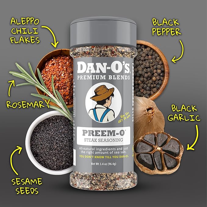 Dan-O's 4 Bottle Seasoning Set Small Bottles 4 Pack Includes Original Preem-O SEA-soning and Cajun Seasonings Sugar Free Zero Calorie Use this Seasoning Kit to Craft a Marinade Rub or Sauce