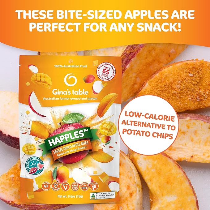 Happles Freeze Dried Apples with Mango Fruit Powder – 100% Natural No Added Sugar Healthy Low Calorie Apple Crisps Snack for Adults &amp Kids Gluten Free No Artificial Flavours (10 Pack)