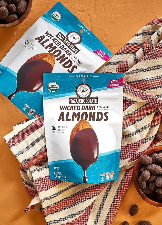 Taza Chocolate Organic Chocolate Covered Almonds 87% Wicked Dark Chocolate Vegan 3.5 Ounce (4 Count)