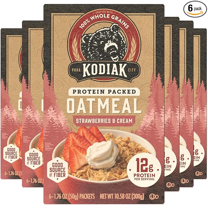 Kodiak Instant Oatmeal Packets Strawberries &amp Cream High Protein 100% Whole Grains 6 boxes with 6 packets each (36 packets total)
