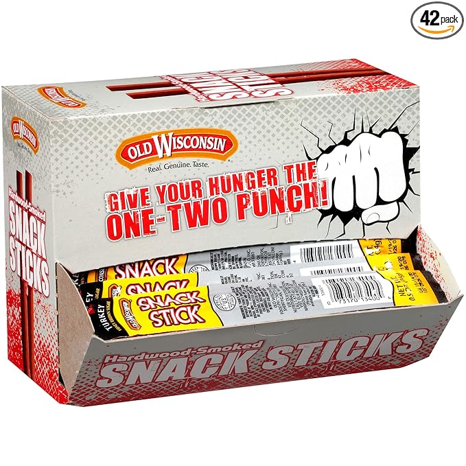 Old Wisconsin Honey Turkey Sausage Snack Sticks Naturally Smoked Ready to Eat High Protein Low Carb Keto Gluten Free Counter Box Pack of 42 Individually Wrapped Sticks