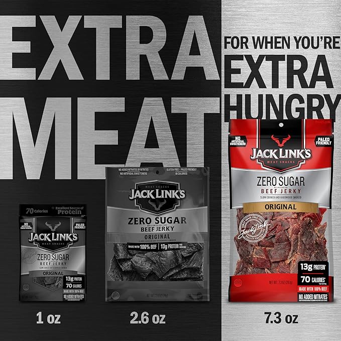 Jack Link's Original Zero Sugar Beef Jerky - 7.3 oz Bag - Ready to Eat Protein Snacks - 13g Protein per Serving - Made with 100% Real Beef(Pack of 4)