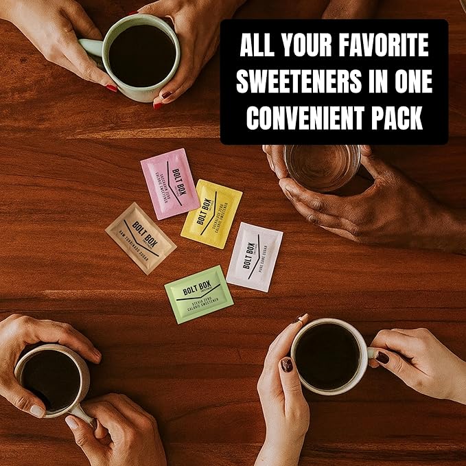 (300 total 50 each) Bolt Box Sugar &amp Sugar Substitute Packets Assorted Variety Pack (Turbinado Cane Pink Saccharin Yellow Sucralose Green Stevia Stir Straws)