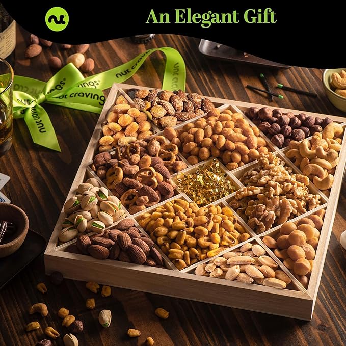 NUT CRAVINGS - Easter Mixed Nuts Gift Basket in Reusable Diamond Wooden Tray + Green Ribbon (12 Assortments) Ramadan Gifts Treats for Adults Healthy Snack Care Package Kosher