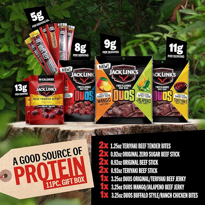 Jack Link’s DUOs Gift Box – Includes Beef Jerky Chicken &amp Tender Bites &amp Sticks Great Protein Gifts for Dad Men or Meat Lovers Ideal for Holidays &amp More – 11-Piece Beast Snack Variety