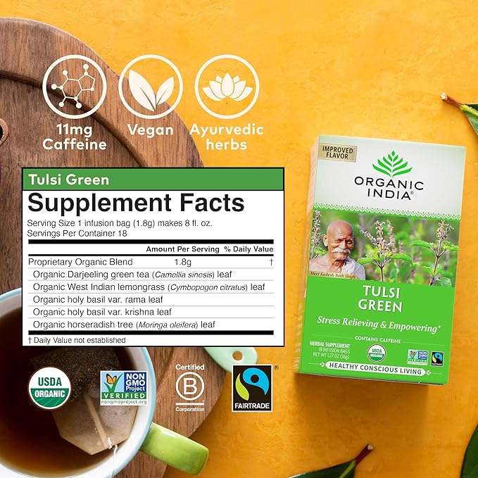 ORGANIC INDIA Tulsi Green Tea Bags - Holy Basil Tea African Basil Stress Relieving Immune Support USDA Certified Organic Premium Darjeeling Green Tea Caffeinated - 18 Infusion Bags 3 Pack