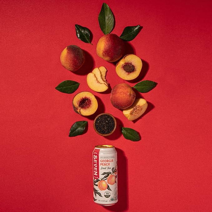 SevenTeas Georgia Peach Iced Tea 16 OZ (Pack of 12 Cans) Lightly Sweetened Organic Iced Tea