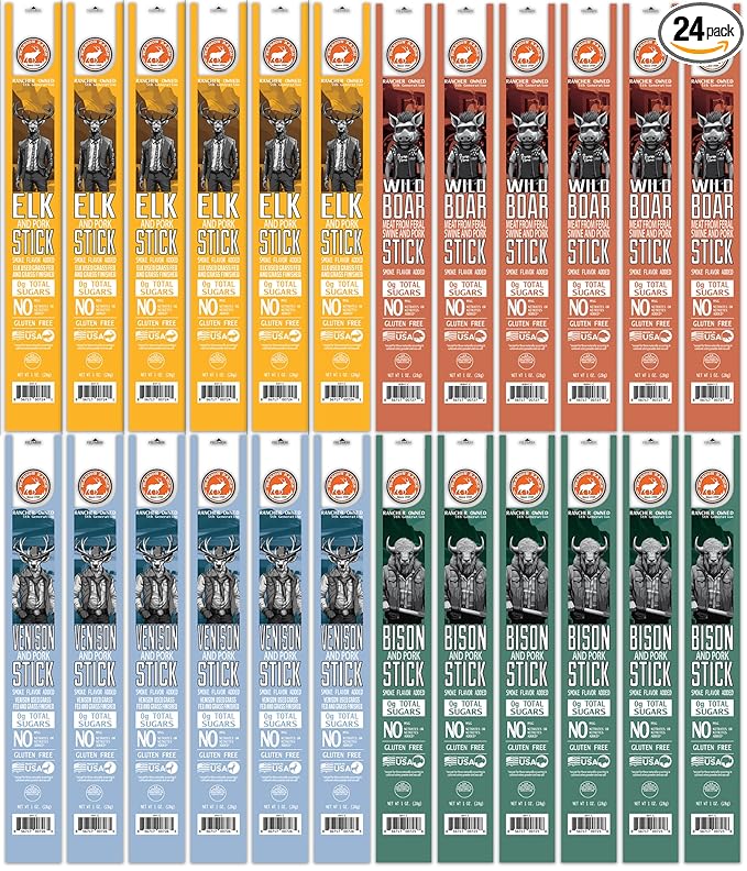 PEARSON RANCH Game Meat Sticks Variety - Elk Bison Venison Wild Boar - Exotic Jerky Sticks No Added Nitrites High-Protein Paleo &amp Keto Friendly Meat Snacks 1oz sticks 6 each Pack of 24