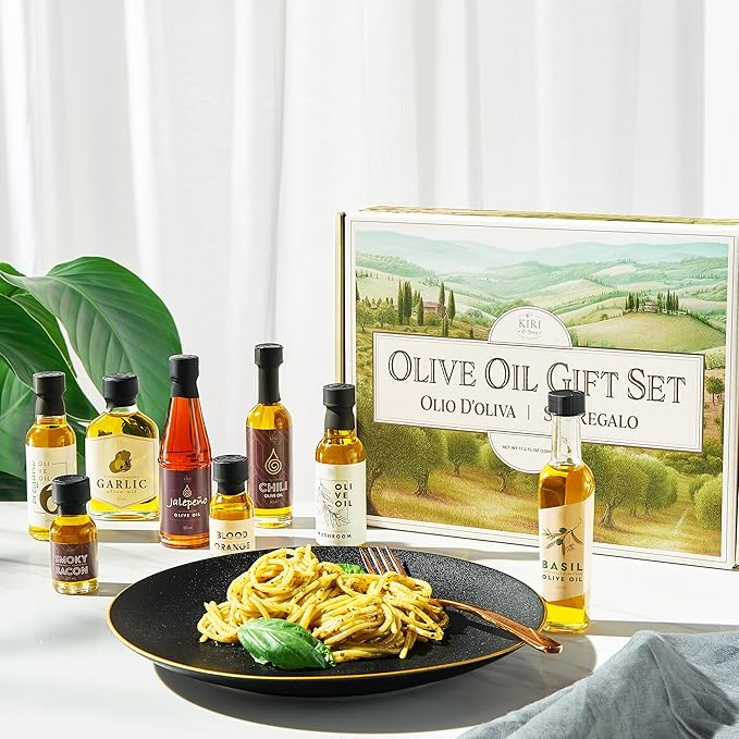 Kiri &amp Sons Olive Oil Gourmet Sampler Gift Set of 8 - Premium Extra-Virgin Olive Oil Made In Spain Natural Flavors Include Mushroom Chili Garlic Oregano Blood Orange Smoky Bacon Jalapeno B