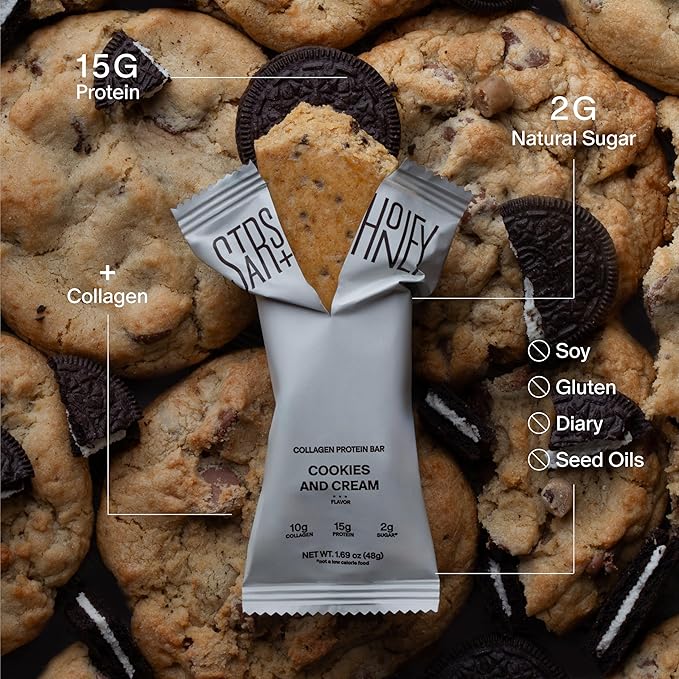 Stars + Honey Protein Bars Cookies &amp Cream 15g Protein 2g Sugar with Collagen Peptides Dairy Free Soy &amp Gluten Free Snacks for Adults Keto Friendly No Seed Oils or Sugar Alcohols 10 P