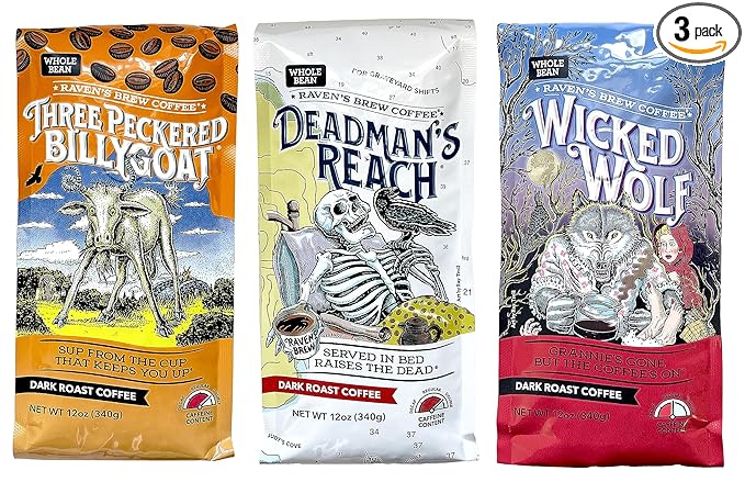 Raven's Brew Whole Bean Coffee Variety Pack - 3 Delicious Flavors - Wicked Wolf Three Peckered Billy Goat and Deadman's Reach - 12 oz each