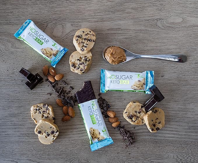 No Sugar Keto Bar Snack - Low Carb No Sugar Keto Snack Food with Keto Friendly Macros (12 x 1.41oz Bars Chocolate Chip Cookie Dough)