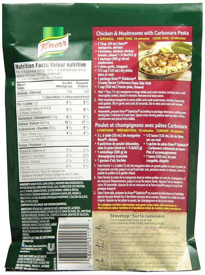 Knorr Sidekicks Cream Bacon Carbonara Pasta{Imported from Canada} 4.72 Ounce (Pack of 8)