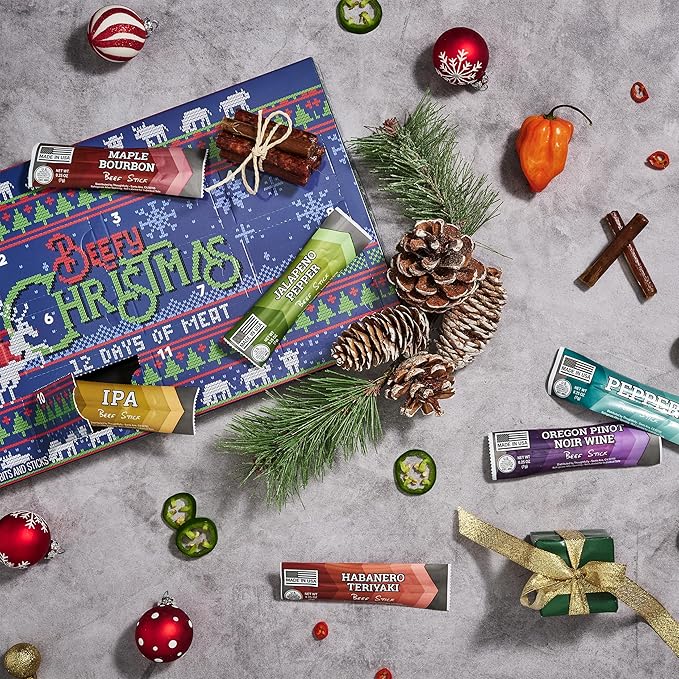 Man Crates 12 Days of Jerky Advent Calendar 2025 Featuring Ugly Christmas Sweater Artwork – Includes 12 Delicious Bites of Beef Jerky – Festive Flavors Like Habanero Maple Bourbon &amp More