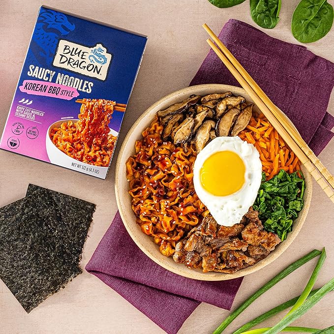Blue Dragon Korean BBQ Saucy Noodles - 4.2oz (Pack of 6) - Knife Cut Thick Noodles w/Korean BBQ Sauce &amp Sesame Seed Garnish - Quick &amp Easy Meal with Bold Asian Flavors - Vegetarian Friendly
