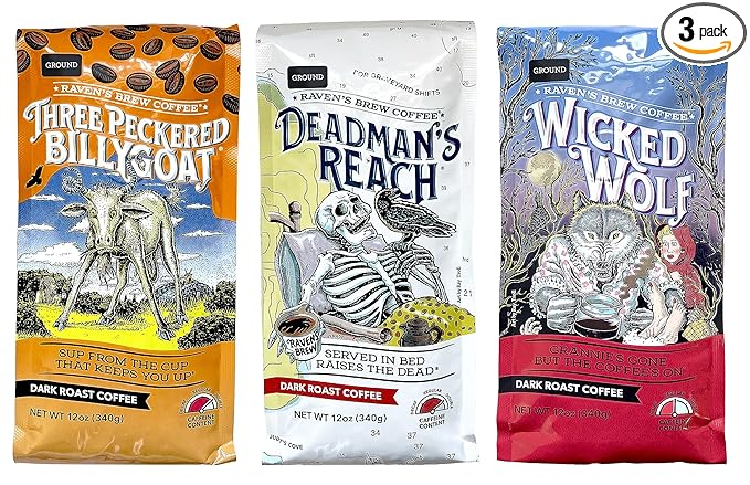 Raven's Brew Ground Coffee Variety Pack - 3 Delicious Flavors - Wicked Wolf Three Peckered Billy Goat and Deadman's Reach - 12 oz each